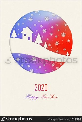 Happy new year rainbow vintage card with a house under snowflakes. Happy new year 2020 rainbow vintage card