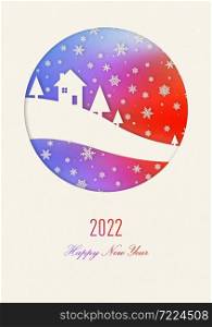 Happy new year rainbow vintage card with a house under snowflakes. 2022. Happy new year 2022 rainbow vintage card