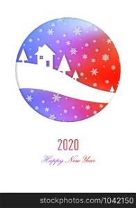 Happy new year rainbow winter card with a house under snowflakes. Happy new year 2020 rainbow winter card
