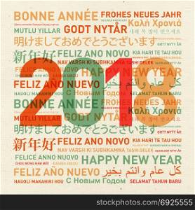 Happy new year vintage card from the world in different languages. Happy new year from the world