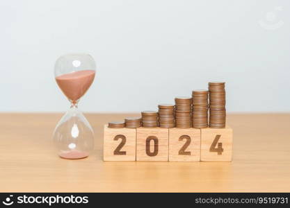 Happy New Year with sandglass and flipping 2023 change to 2024 block. Resolution, Goals, Plan, Action, Money Saving, Retirement fund, Pension, Investment and Financial concept