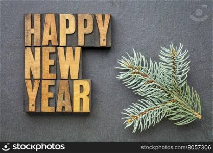 Happy New Year! - word abstract in vintage letterpress wood type blocks on a slate stone with a branch of Colorado blue spruce