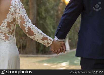 Happy newly married couple holding hands walking in a park