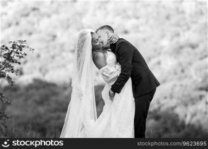 Happy newlyweds hugging against the backdrop of evening sunny foliage, black and white version a. Happy newlyweds hugging against the backdrop of evening sunny foliage, black and white version