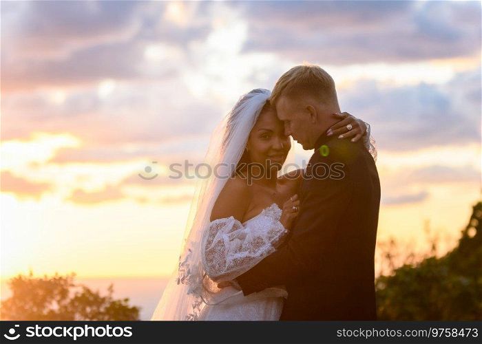 Happy newlyweds hugging against the background of a backlit sunset