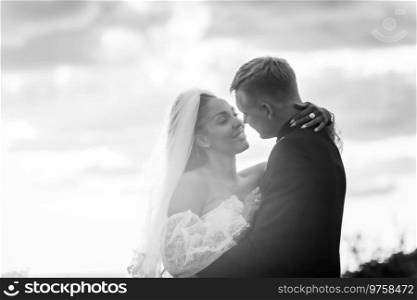 Happy newlyweds hugging against the sky in the rays of the setting sun, black and white version