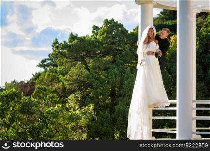 Happy newlyweds stand on the metal fence of the gazebo and look into the distance