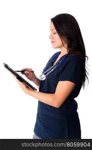 Happy nurse updating writing in digital tablet patient chart medical records, on white.