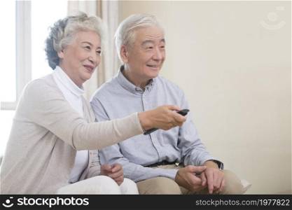 Happy old couple watching TV at home