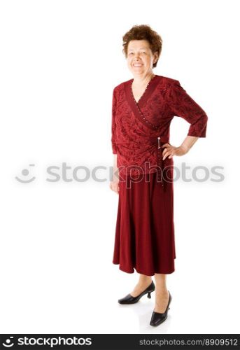 Happy old lady in red clothes standing isolated on white