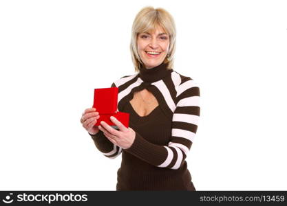 Happy old woman opening present box