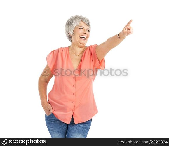 Happy old woman pointing to something