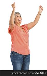 Happy old woman with both arms on the air, isolated on a white background