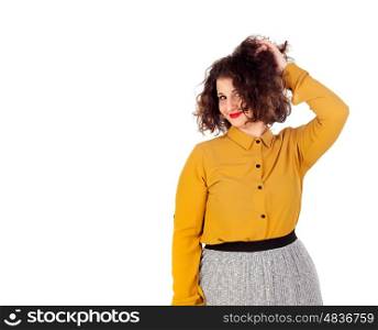 Happy overweight girl touching her hair isolated on a white background