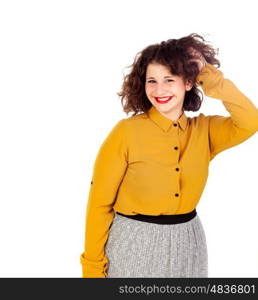 Happy overweight girl touching her hair isolated on a white background