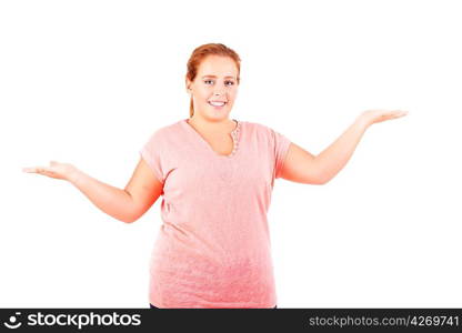 Happy overweighted woman posing isolated over white background