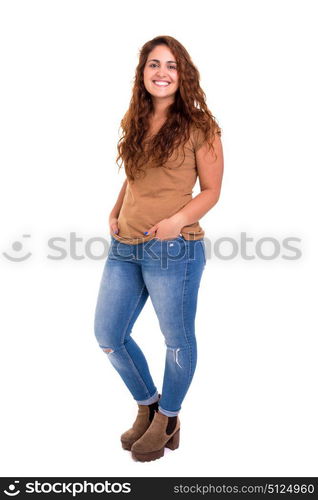 Happy overweighted woman posing isolated over white background