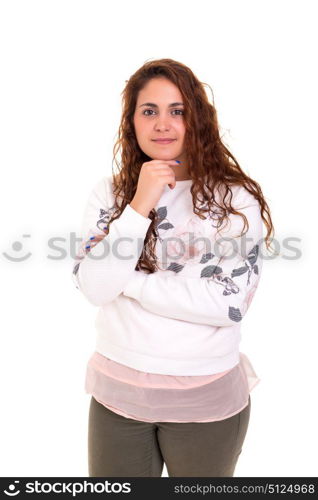 Happy overweighted woman posing isolated over white background