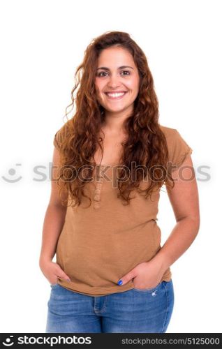 Happy overweighted woman posing isolated over white background