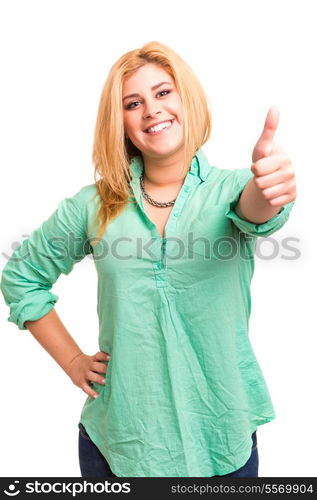 Happy overweighted woman posing isolated over white background