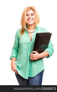 Happy overweighted woman posing isolated over white background