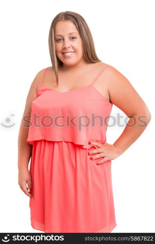 Happy overweighted woman posing isolated over white background