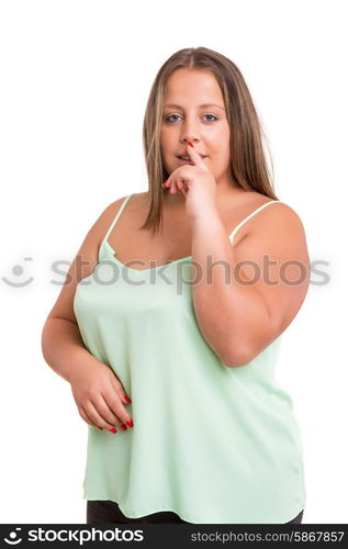 Happy overweighted woman posing isolated over white background