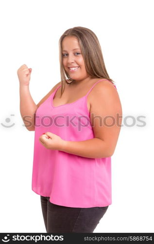 Happy overweighted woman posing isolated over white background