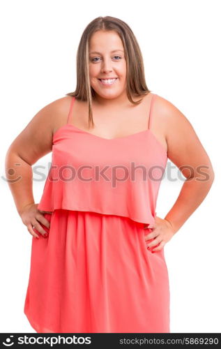 Happy overweighted woman posing isolated over white background