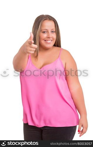 Happy overweighted woman posing isolated over white background