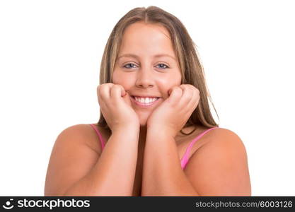 Happy overweighted woman posing isolated over white background