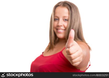 Happy overweighted woman posing isolated over white background