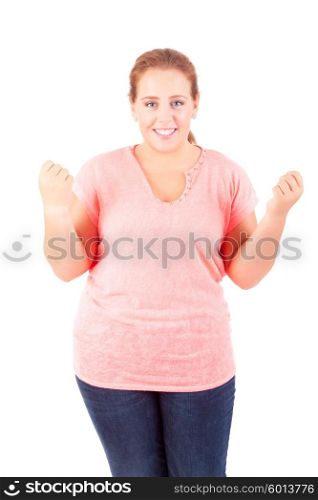 Happy overweighted woman posing isolated over white background