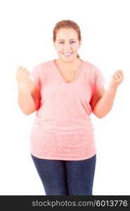 Happy overweighted woman posing isolated over white background