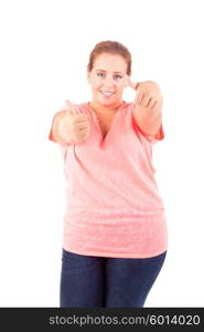 Happy overweighted woman posing isolated over white background