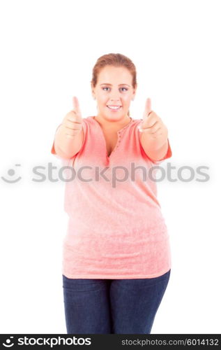 Happy overweighted woman posing isolated over white background