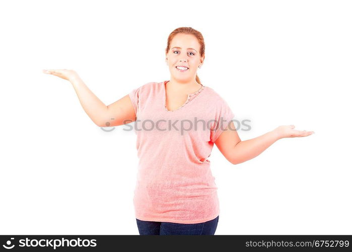 Happy overweighted woman posing isolated over white background