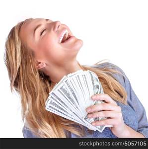 Happy owner of money, pretty woman with money isolated on white background, winner in financial lottery, success conception