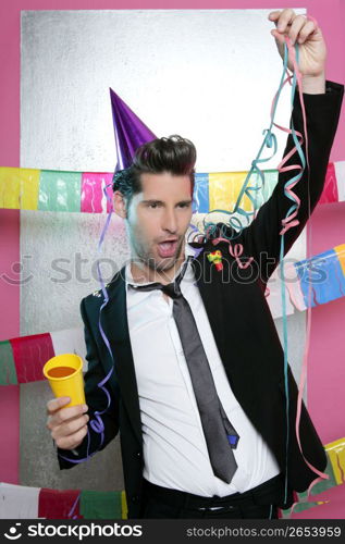 Happy party young man drinking enjoying alone dancing