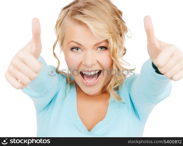 happy people concept - bright picture of young businesswoman with thumbs up