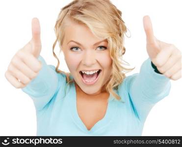 happy people concept - bright picture of young businesswoman with thumbs up