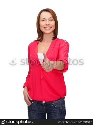 happy people concept - smiling woman showing thumbs up