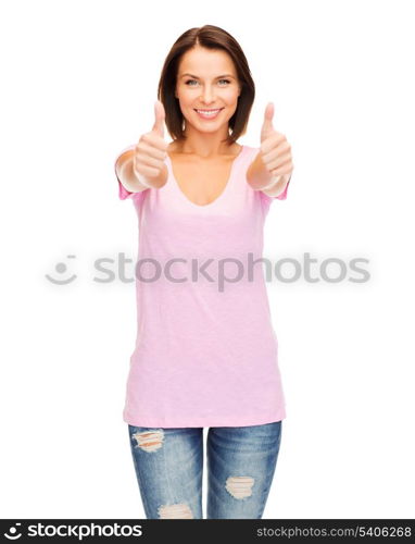 happy people concept - woman in blank pink t-shirt showing thumbs up