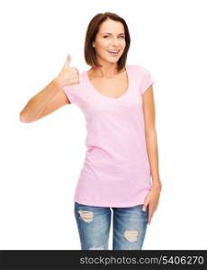 happy people concept - woman in blank pink t-shirt showing thumbs up