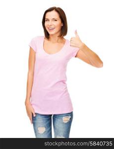 happy people concept - woman in blank pink t-shirt showing thumbs up. woman showing thumbs up