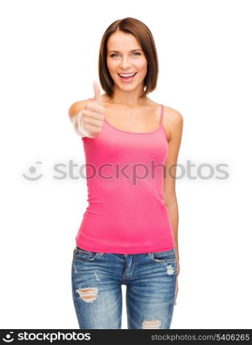 happy people concept - woman in blank pink tank top shirt showing thumbs up