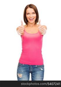 happy people concept - woman in blank pink tank top shirt showing thumbs up