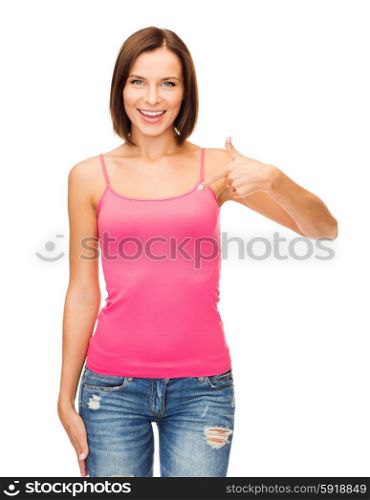 happy people concept - woman in blank pink tank top shirt showing thumbs up. woman in blank pink shirt showing thumbs up