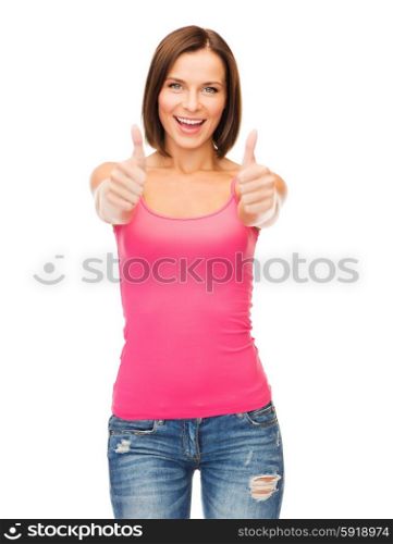 happy people concept - woman in blank pink tank top shirt showing thumbs up. woman in blank pink tank top showing thumbs up