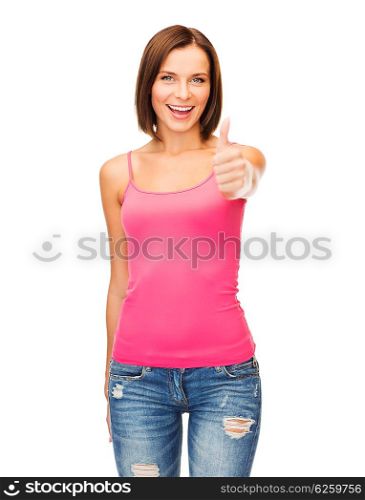 happy people concept - woman in blank pink tank top shirt showing thumbs up. woman in blank pink tank top showing thumbs up
